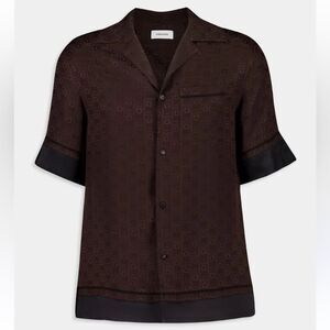 FERRAGAMO Shirt Men Medium Silk Monogram All Over Logo Chocolate Brown Italy